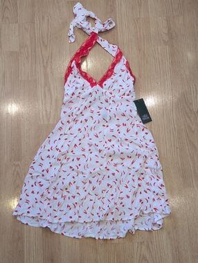 White Halter Mini Dress with Red Chili Print